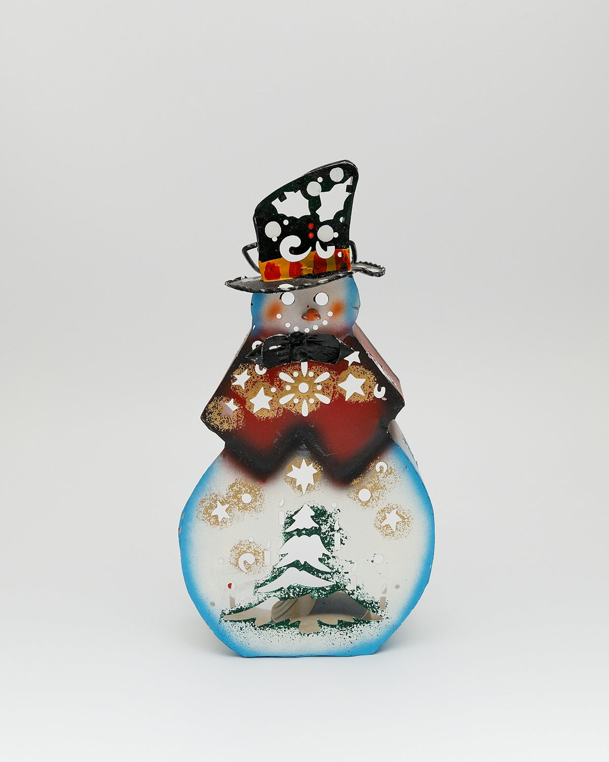 A festive snowman decoration with a top hat