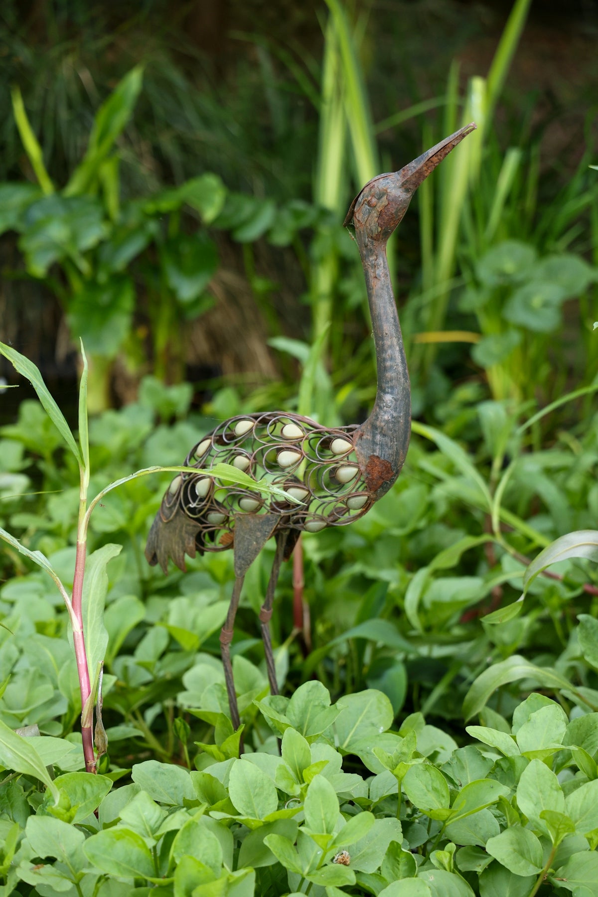 A metal bird sculpture stands among lush green plants