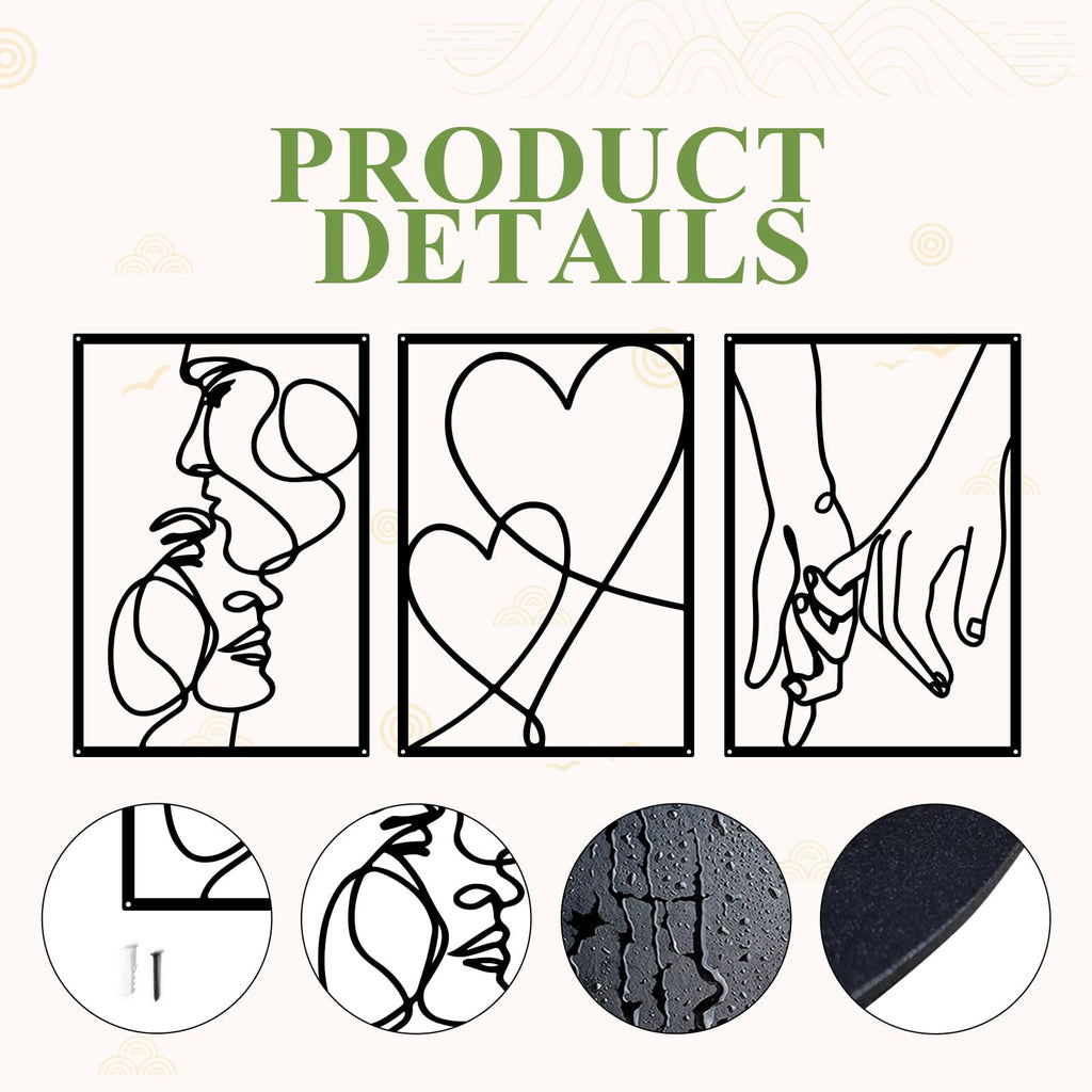 Rustic Metal Decor 3 Pcs Black Metal Minimalist Line Wall Art, Valentine's Day Lover