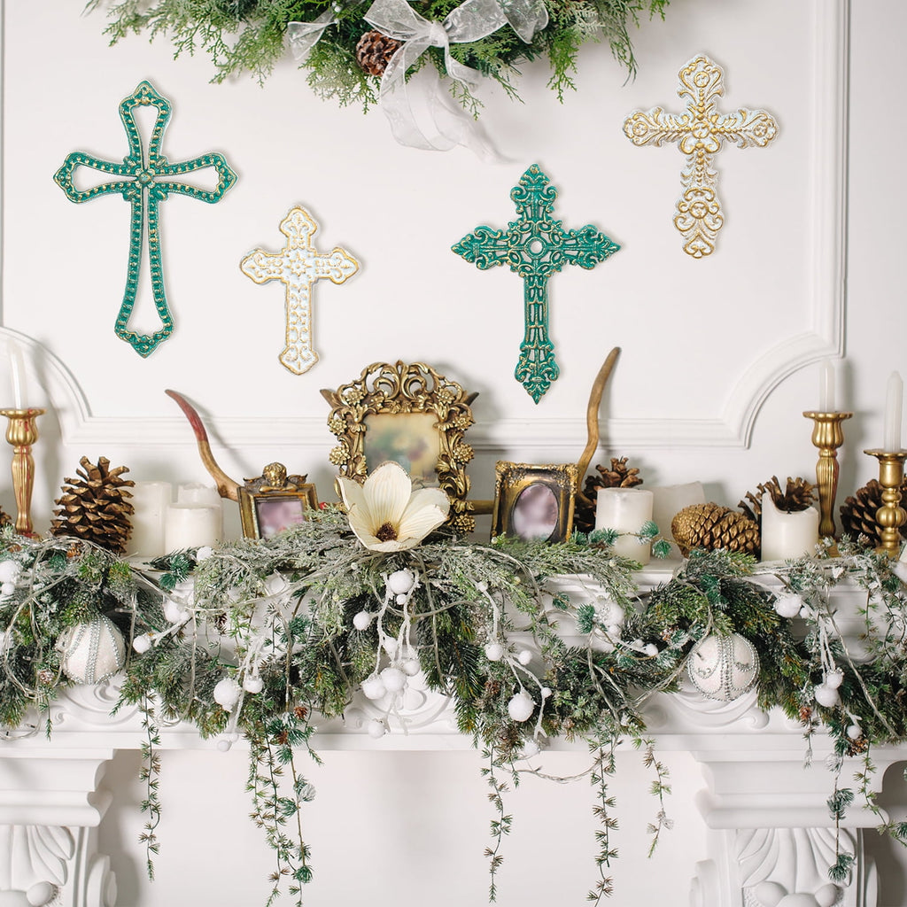 Rustic Metal Decor 4PC Heavy & Sturdy Embossed Cast Iron Cross Decor for Wall,