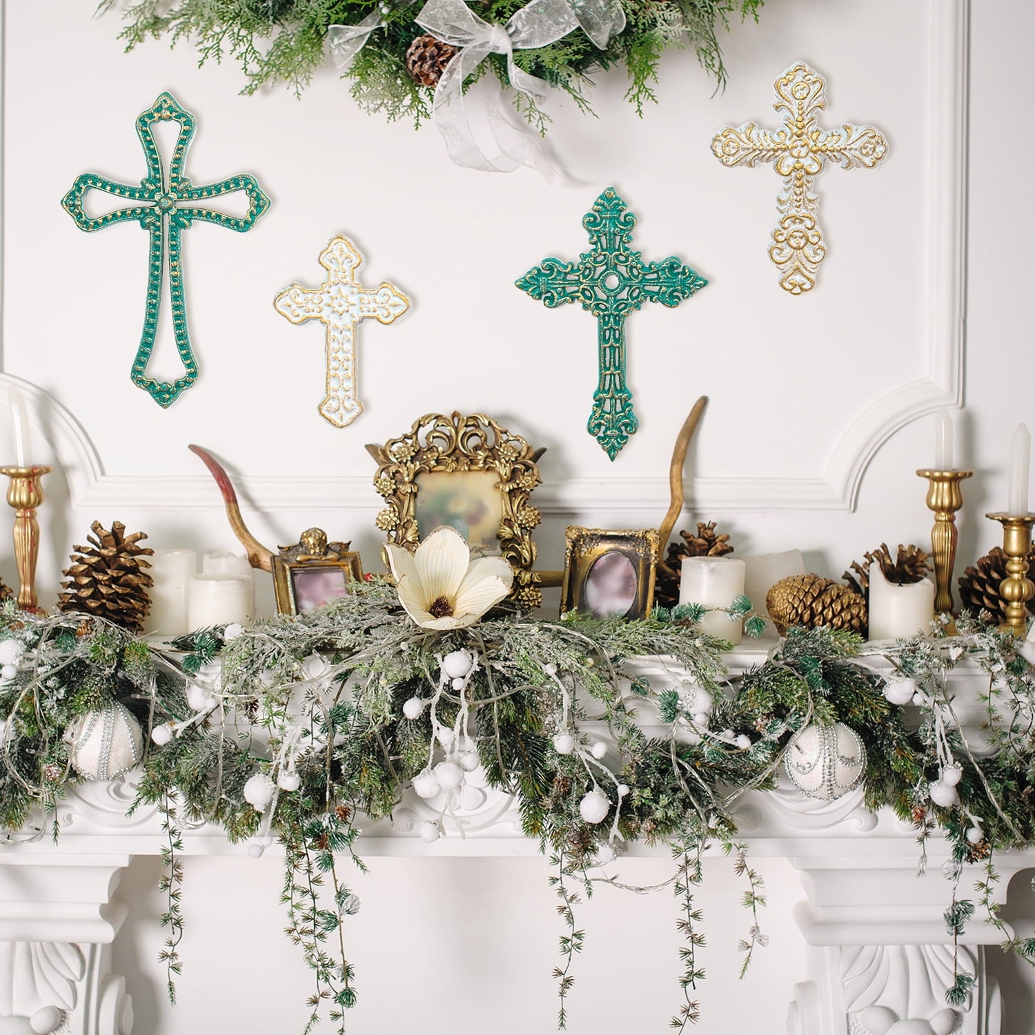 Rustic Metal Decor 4PC Heavy & Sturdy Embossed Cast Iron Cross Decor for Wall,