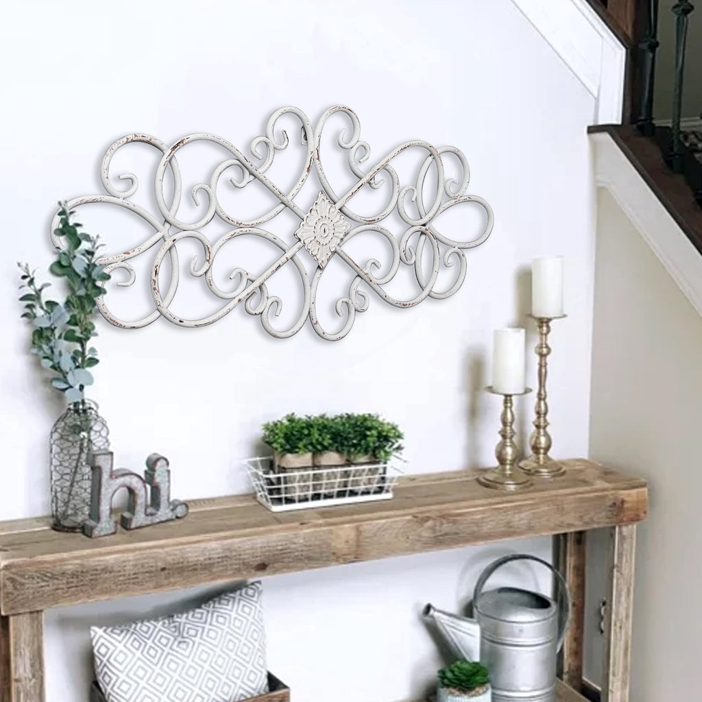 Rustic Metal Decor Farmhouse Flower Scroll White Metal Wall Art Decor 32" x 13",