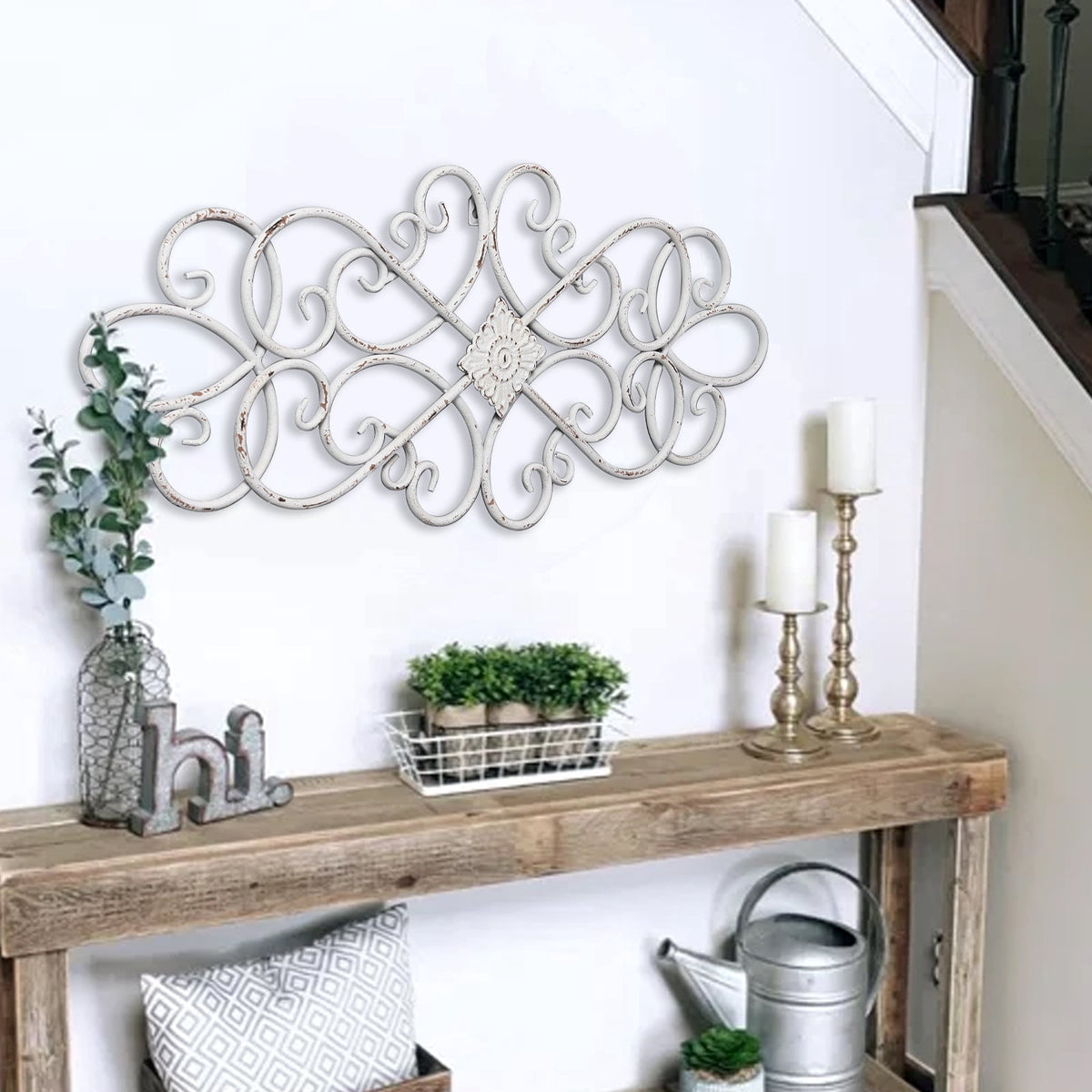 Rustic Metal Decor Farmhouse Flower Scroll White Metal Wall Art Decor 32" x 13",