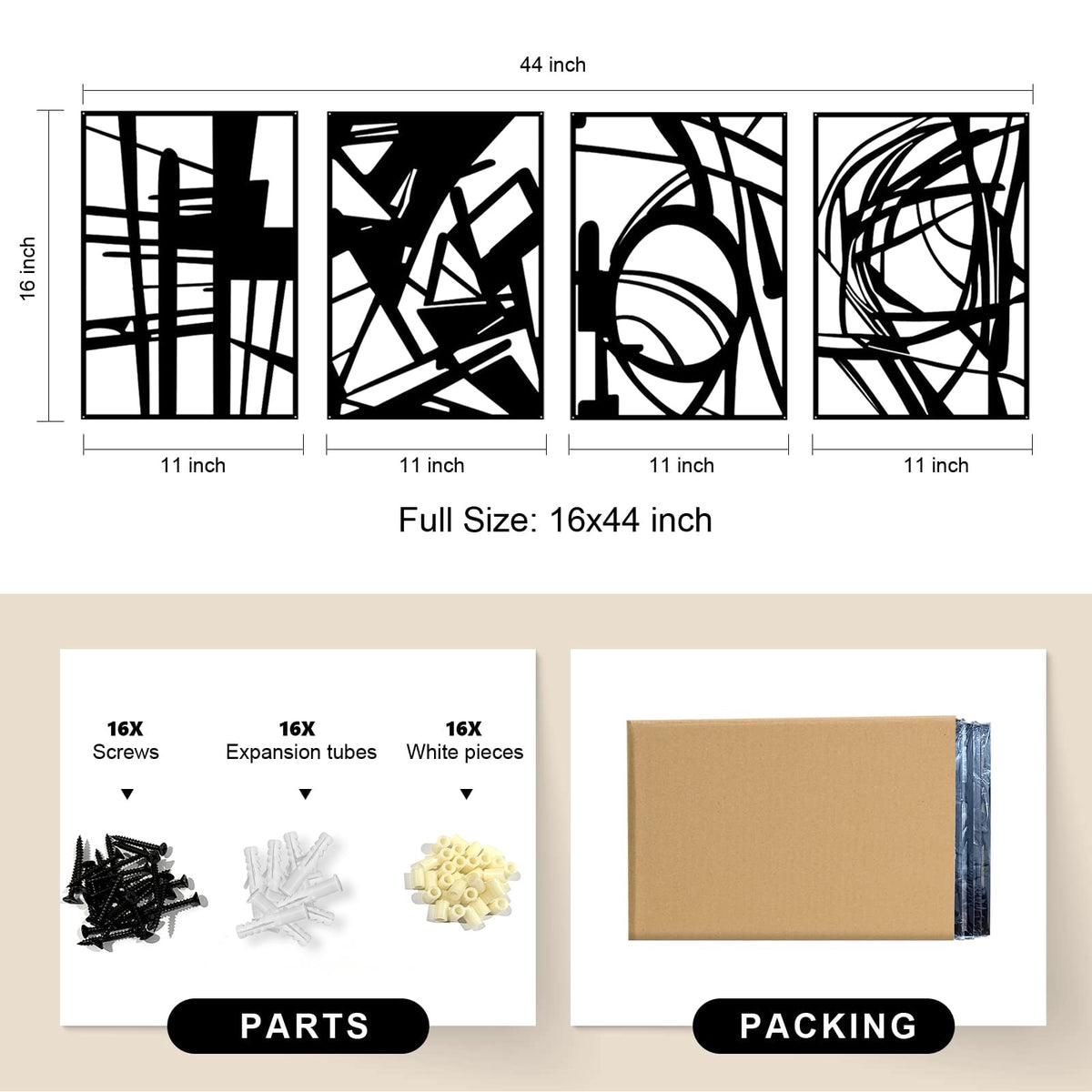 Rustic Metal Decor 4 Pack Black Abstract Metal Wall Art (16'' x 11''), Minimalist Art
