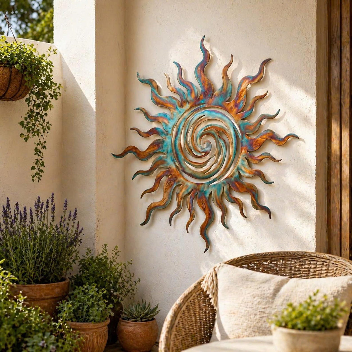 Rustic Metal Decor Colorful Metal Sun Wall Art, Spiral Wall Decor for Patio or Garden