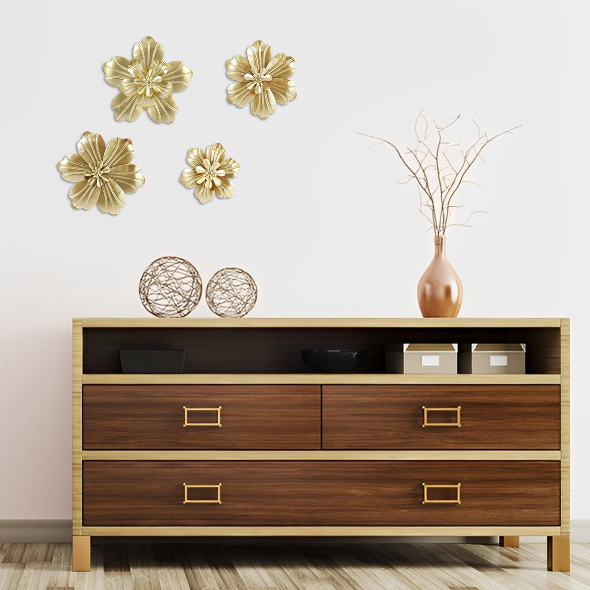 Rustic Metal Decor 4 PCS Gold Metal Flowers Wall Decor 9.8" 3D Multi-layer Modern