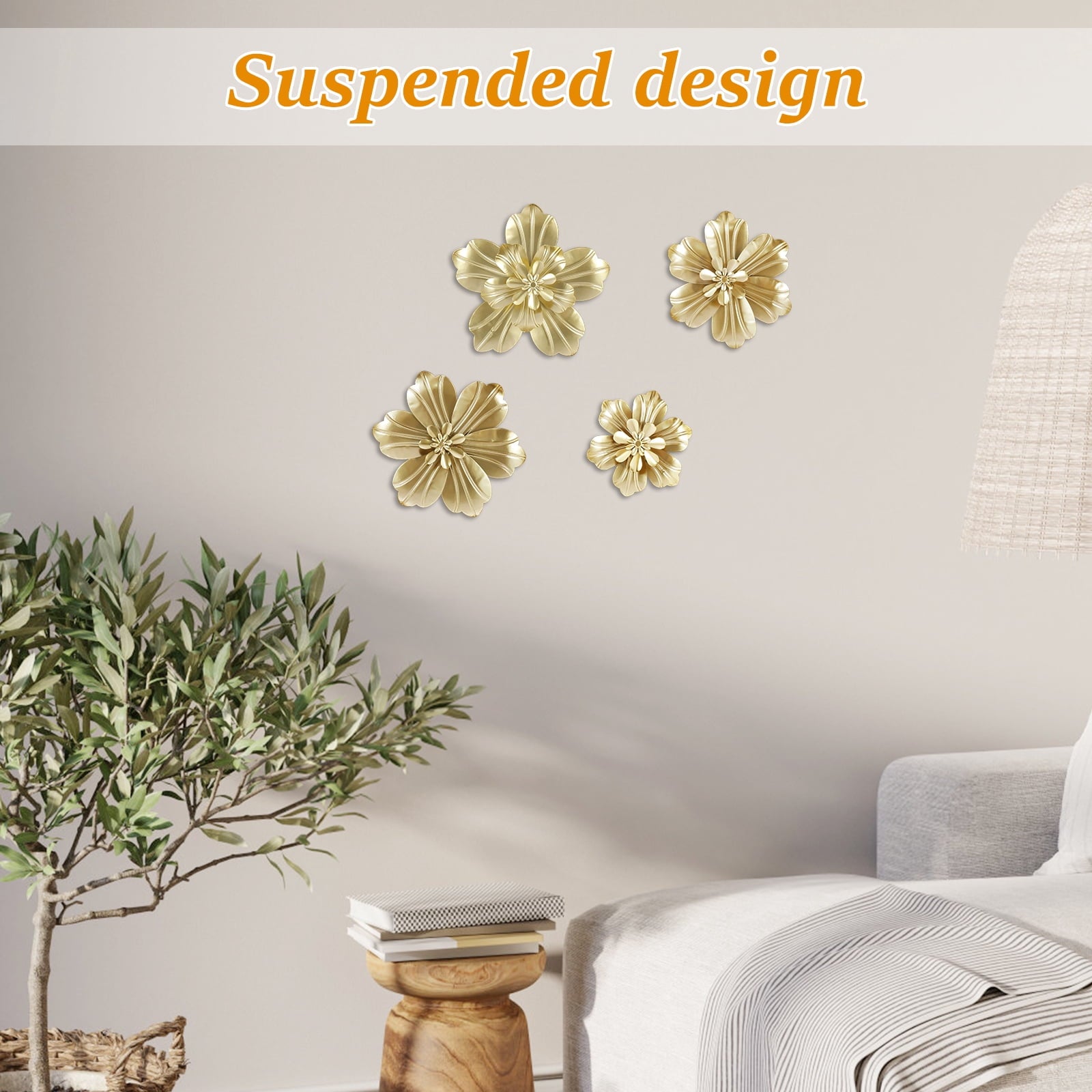 Rustic Metal Decor 4 PCS Gold Metal Flowers Wall Decor 9.8" 3D Multi-layer Modern