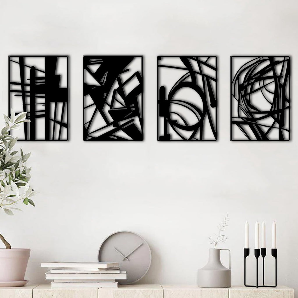 Rustic Metal Decor 4 Pack Black Abstract Metal Wall Art (16'' x 11''), Minimalist Art