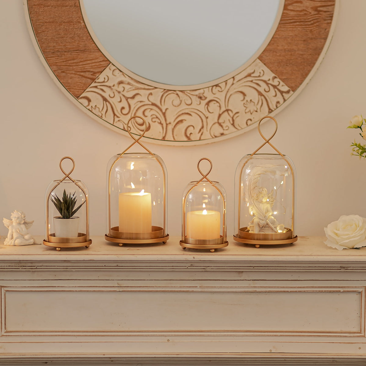 Rustic Metal Decor Set of 2 Gold Metal Glass Hurricane Lantern: Farmhouse Style Candle