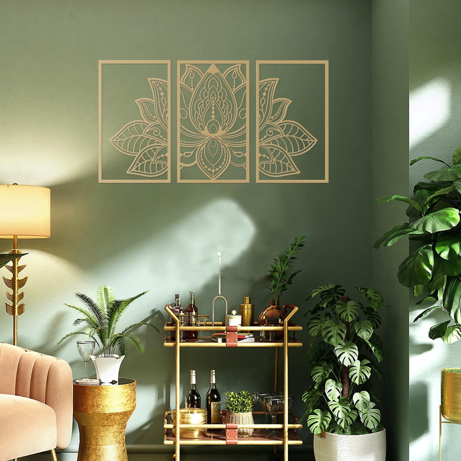 Rustic Metal Decor 3 Pcs Gold Lotus Flower Wall Art Metal Mandala Wall Decor for