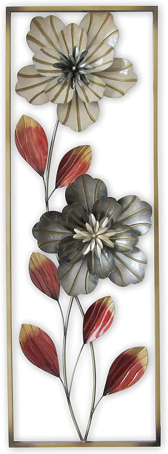 Rustic Metal Decor New Flower and Leaves Aluminum/ Metal Wall Decor with Frame 12"x36"