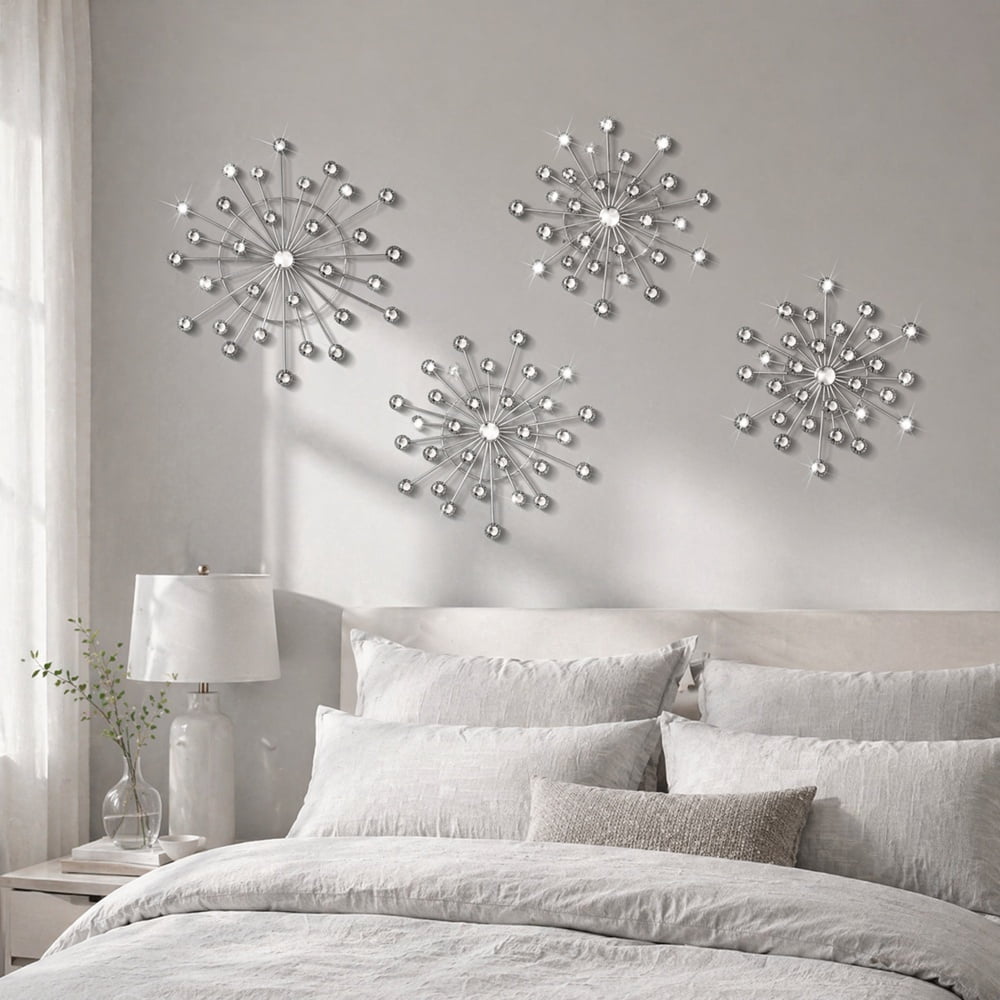 Rustic Metal Decor 4 Pcs Metal Wall Art, Silver Starburst Wall Decor with Crystal
