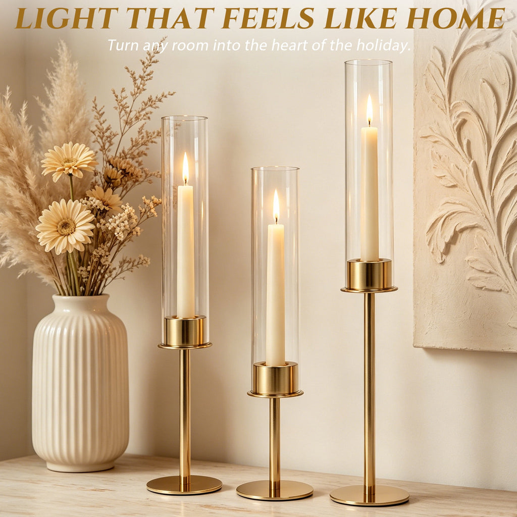 Rustic Metal Decor Gold Hurricane Candle Holders Set of 3, Modern Metal Taper Candle