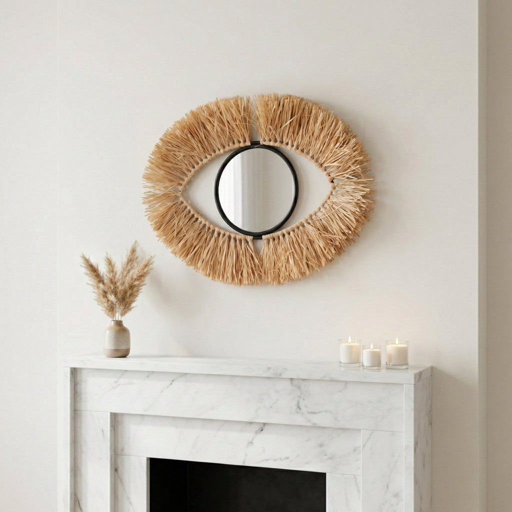 Rustic Metal Decor Metal and Natural Fiber Eye-Shaped Room Decor Mirror for Boho Home