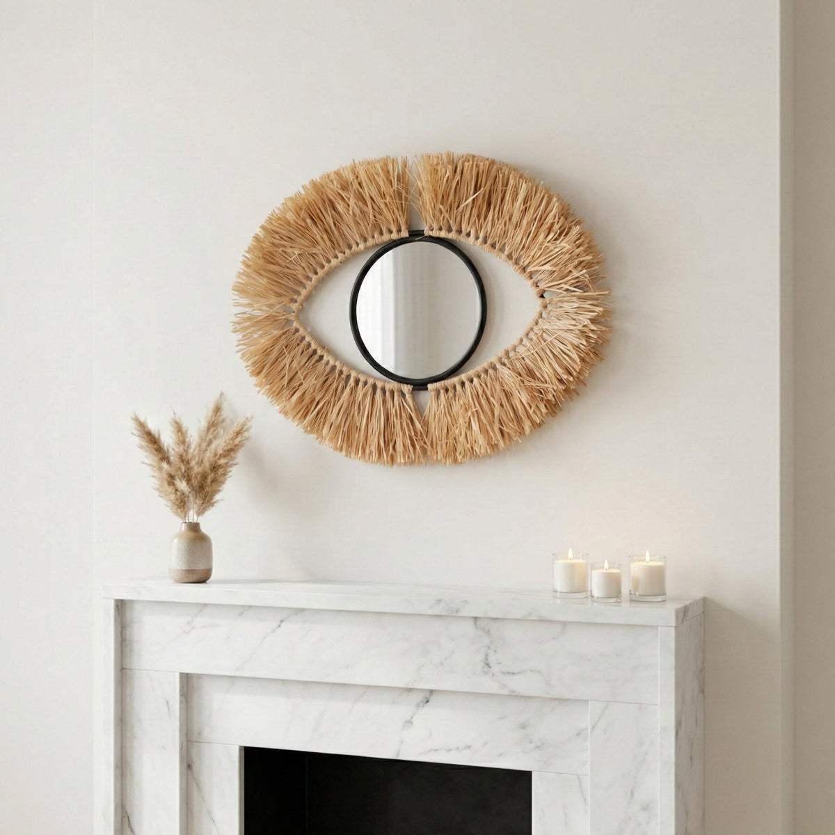 Rustic Metal Decor Metal and Natural Fiber Eye-Shaped Room Decor Mirror for Boho Home