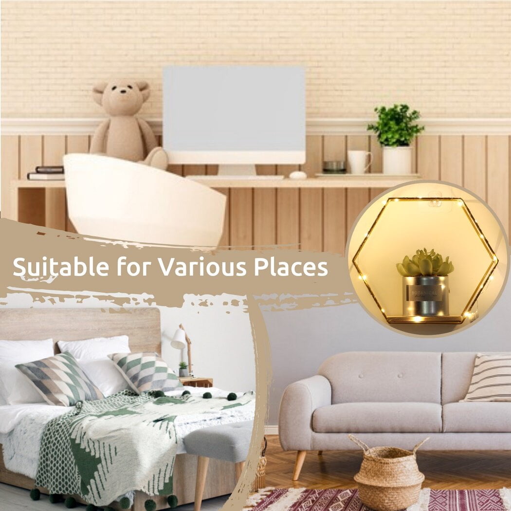 Rustic Metal Decor 3Pcs Hexagon Floating Shelves with LED Light Strip, Modern Wall
