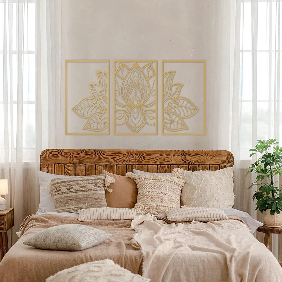 Rustic Metal Decor 3 Pcs Gold Lotus Flower Wall Art Metal Mandala Wall Decor for