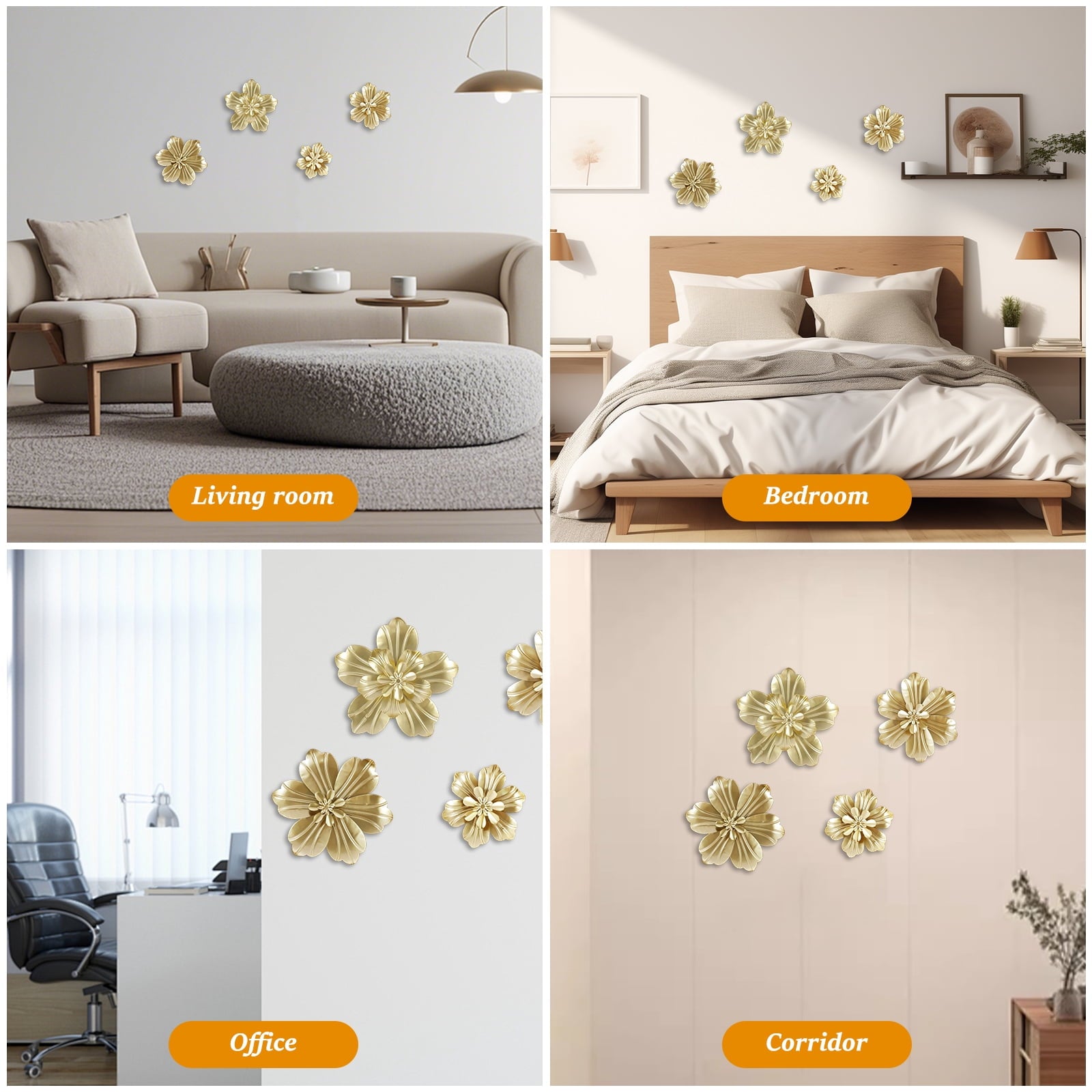 Rustic Metal Decor 4 PCS Gold Metal Flowers Wall Decor 9.8" 3D Multi-layer Modern