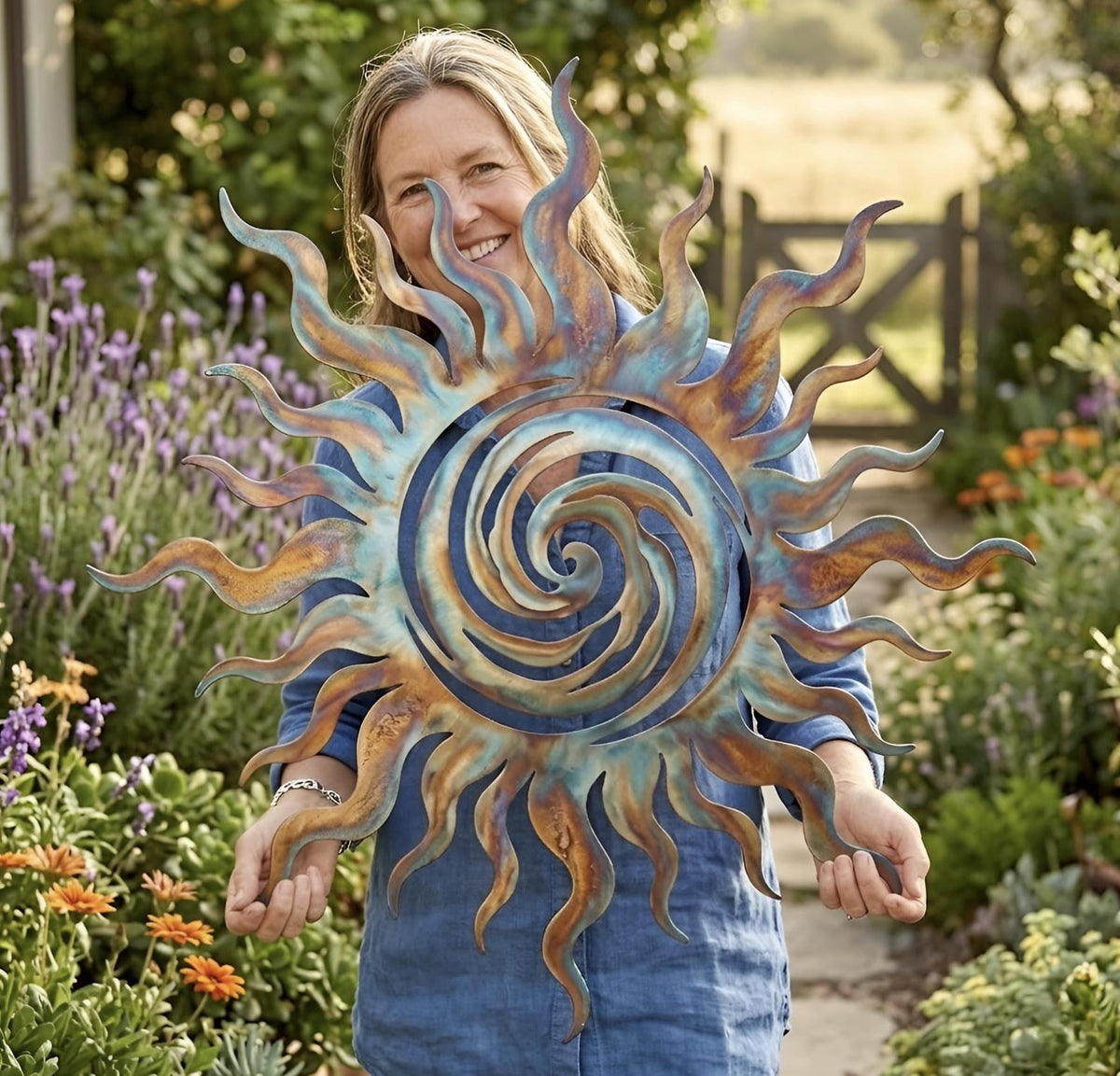 Rustic Metal Decor Colorful Metal Sun Wall Art, Spiral Wall Decor for Patio or Garden