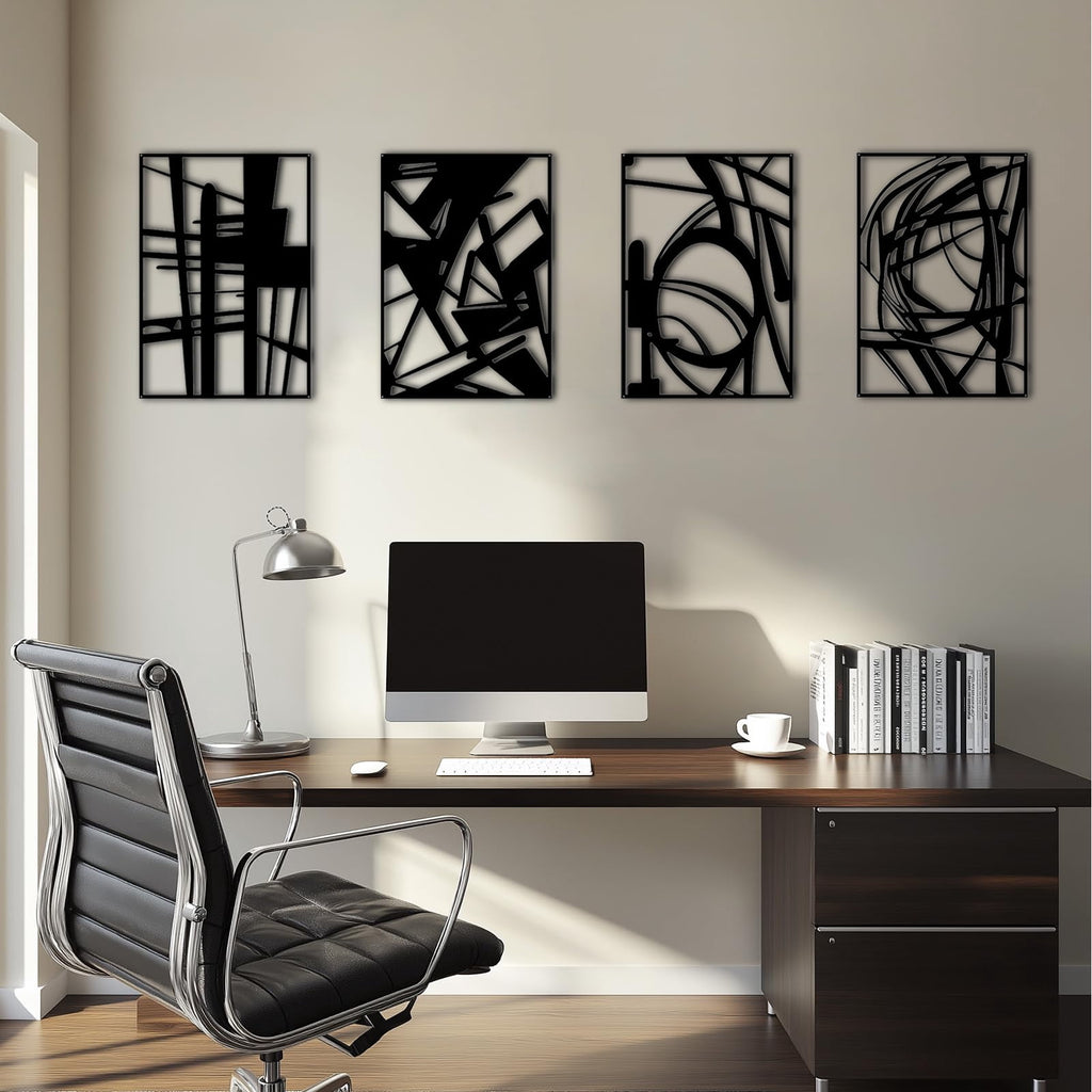 Rustic Metal Decor 4 Pack Black Abstract Metal Wall Art (16'' x 11''), Minimalist Art