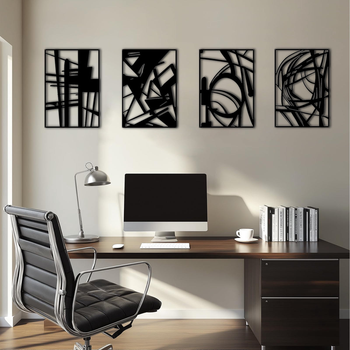 Rustic Metal Decor 4 Pack Black Abstract Metal Wall Art (16'' x 11''), Minimalist Art