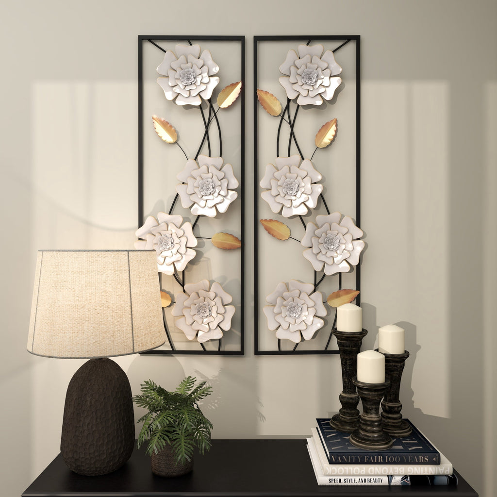 Rustic Metal Decor White Metal Dimensional Floating Floral Wall Decor with Black and