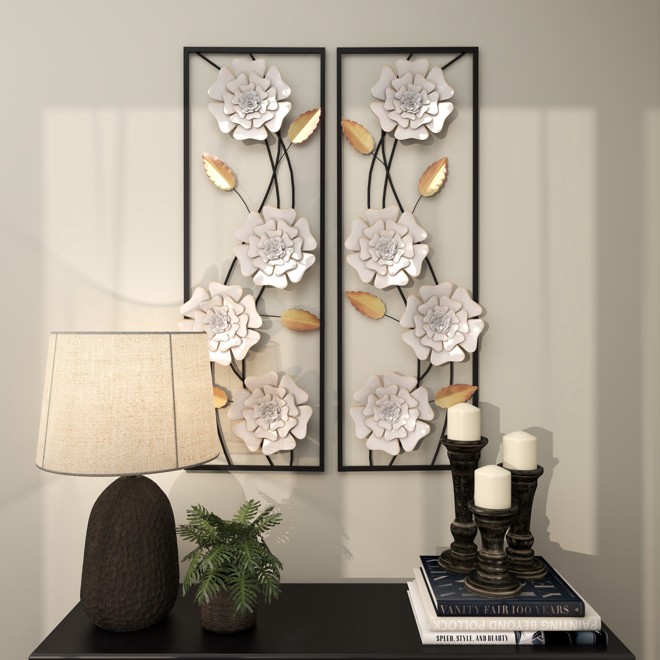 Rustic Metal Decor White Metal Dimensional Floating Floral Wall Decor with Black and