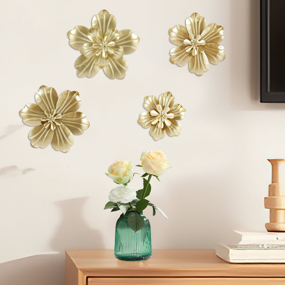 Rustic Metal Decor 4 PCS Gold Metal Flowers Wall Decor 9.8" 3D Multi-layer Modern