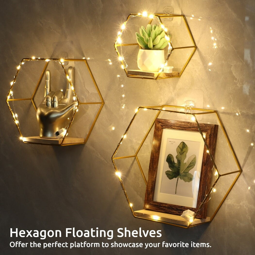 Rustic Metal Decor 3Pcs Hexagon Floating Shelves with LED Light Strip, Modern Wall