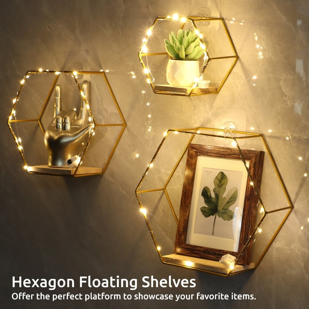Rustic Metal Decor 3Pcs Hexagon Floating Shelves with LED Light Strip, Modern Wall
