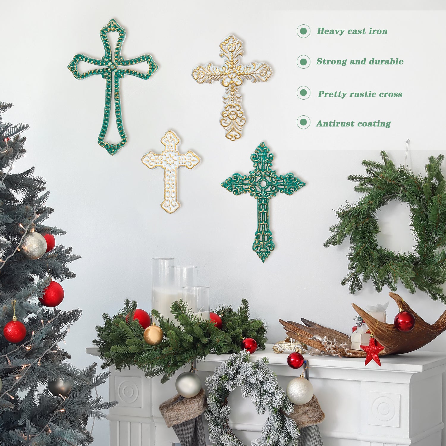 Rustic Metal Decor 4PC Heavy & Sturdy Embossed Cast Iron Cross Decor for Wall,