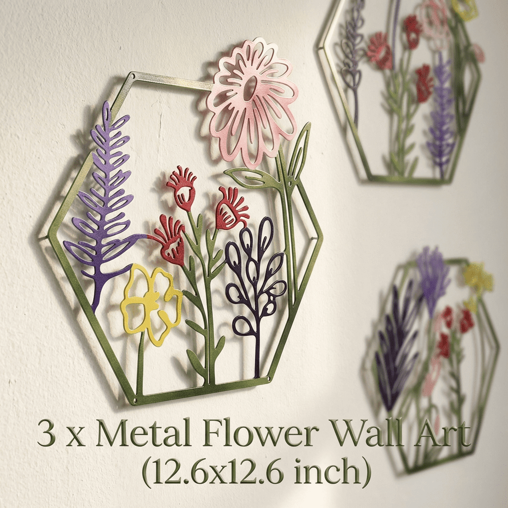 Rustic Metal Decor 3 Pcs Metal Flower Wall Art Minimalist Floral Wall Hanging Decor