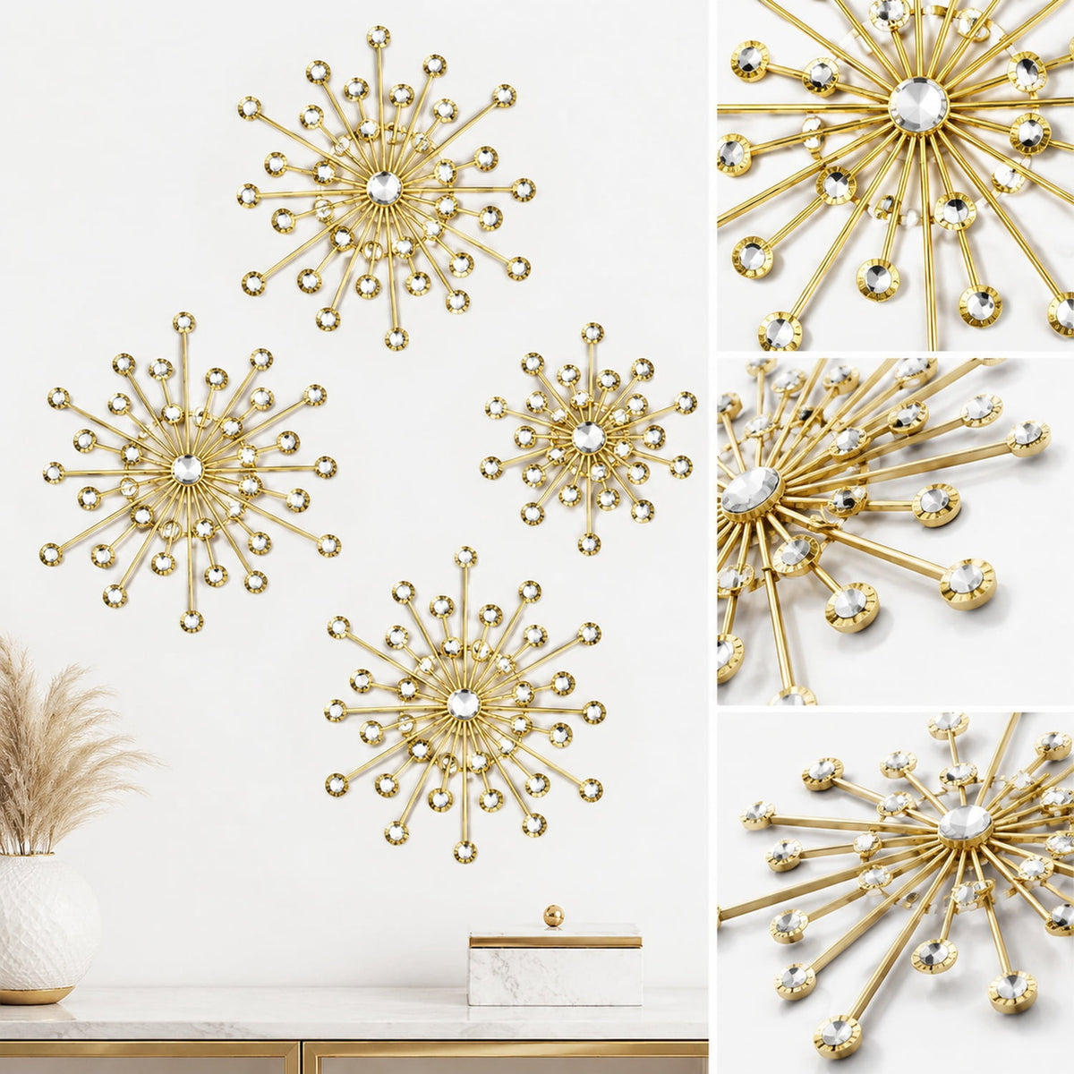 Rustic Metal Decor 4 Pcs Gold Metal Wall Decor, Rhinestone Sunburst Wall Art, Art Deco