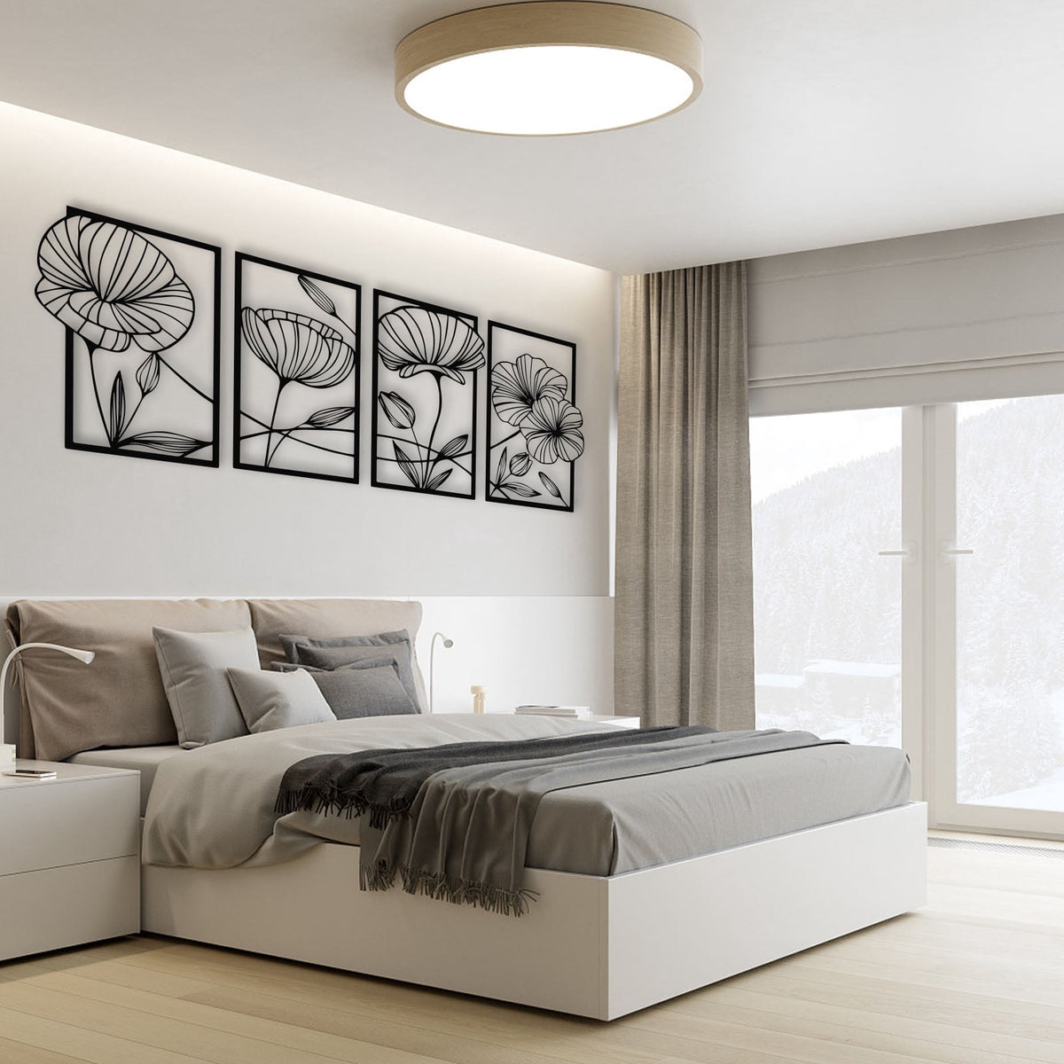 Rustic Metal Decor 4 Pcs Metal Lotus Wall Art, Abstract Floral Line Art Minimalist