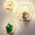 Rustic Metal Decor 3Pcs Hexagon Floating Shelves with LED Light Strip, Modern Wall