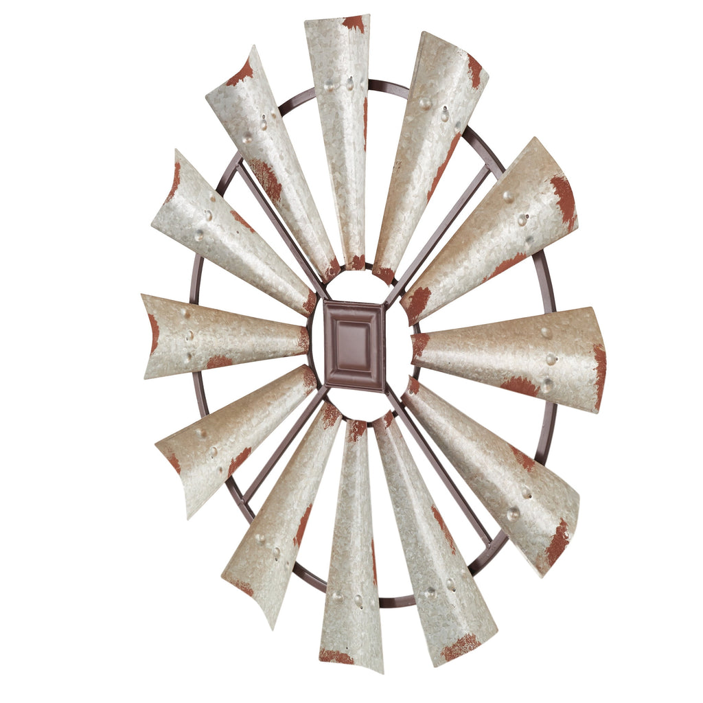 Rustic Metal Decor Silver Metal Distressed Galvanized Windmill Wall Decor with Rust Frame