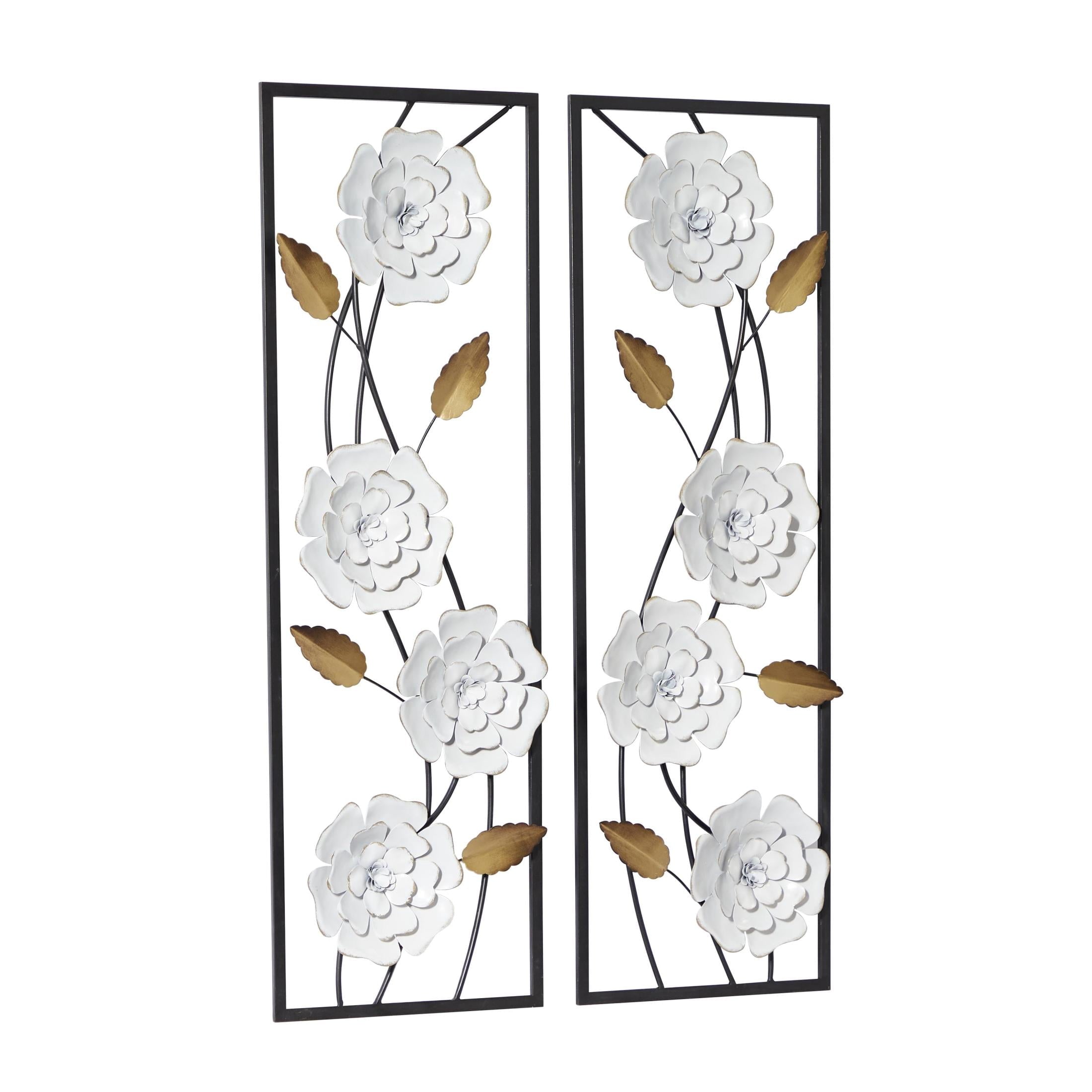 Rustic Metal Decor White Metal Dimensional Floating Floral Wall Decor with Black and
