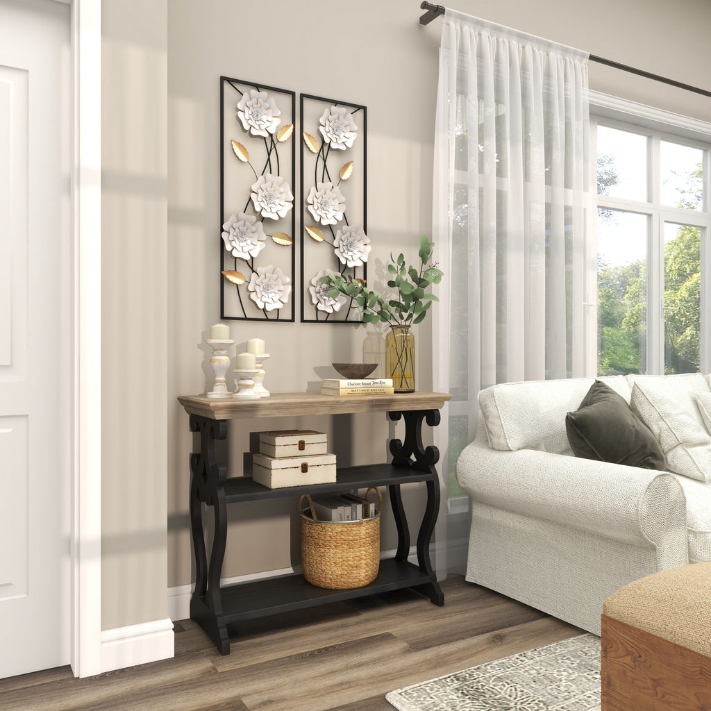 Rustic Metal Decor White Metal Dimensional Floating Floral Wall Decor with Black and