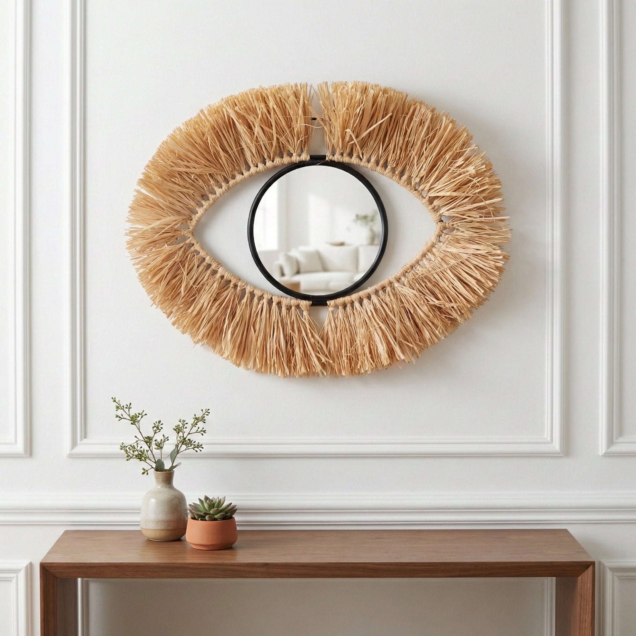 Rustic Metal Decor Metal and Natural Fiber Eye-Shaped Room Decor Mirror for Boho Home