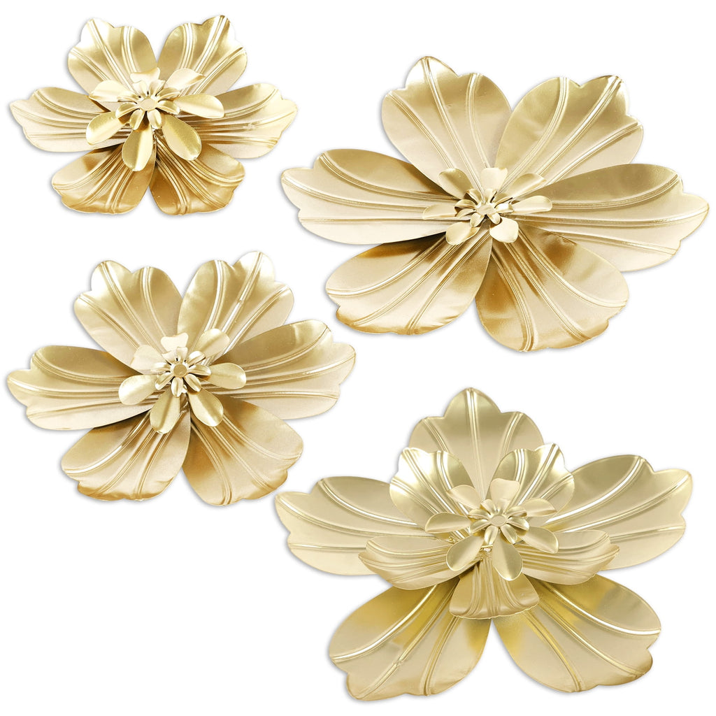 Rustic Metal Decor 4 PCS Gold Metal Flowers Wall Decor 9.8" 3D Multi-layer Modern