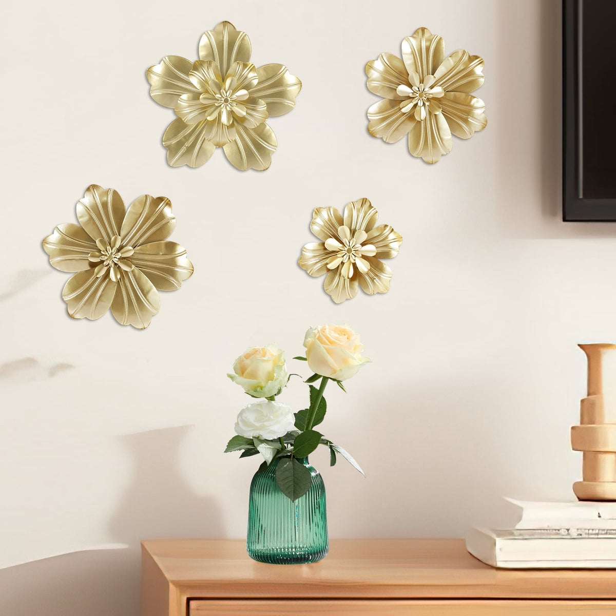 Rustic Metal Decor 4 PCS Gold Metal Flowers Wall Decor 9.8" 3D Multi-layer Modern