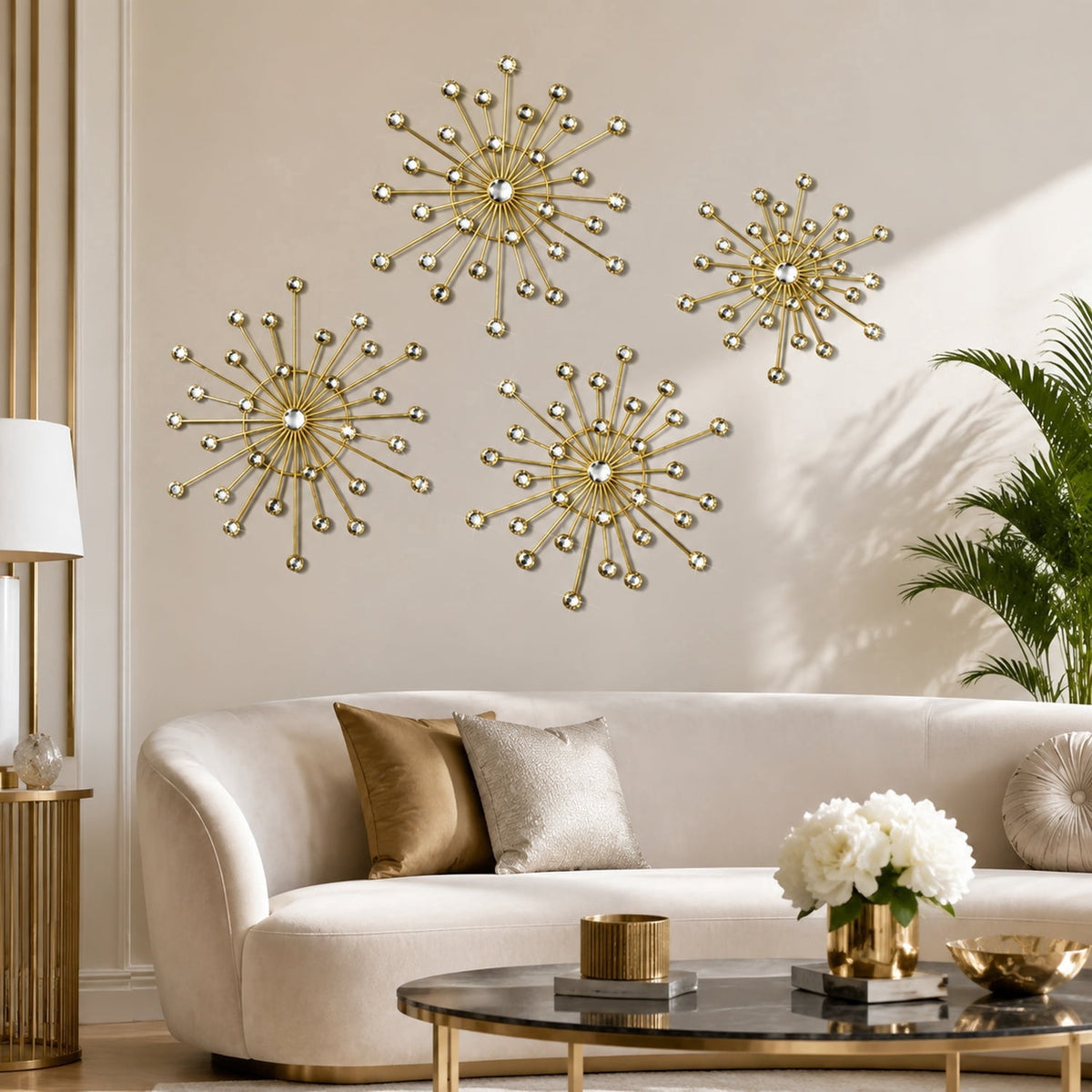 Rustic Metal Decor 4 Pcs Gold Metal Wall Decor, Rhinestone Sunburst Wall Art, Art Deco