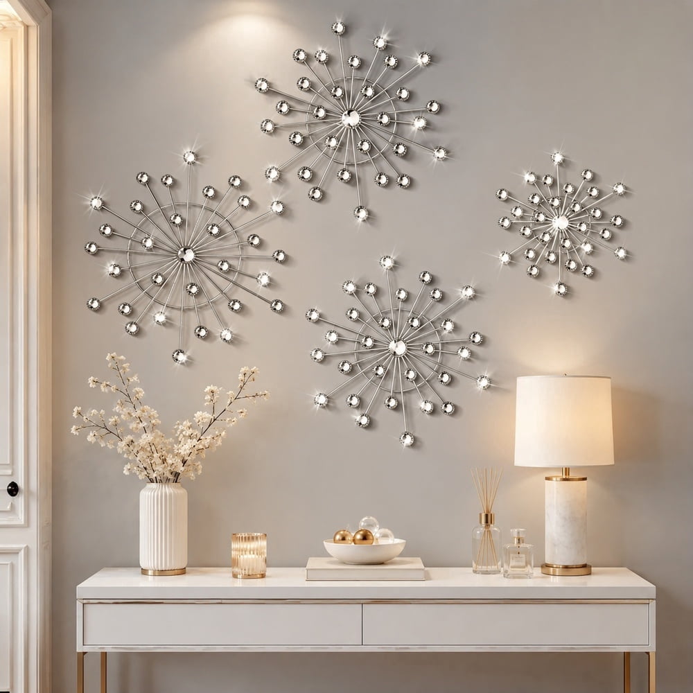 Rustic Metal Decor 4 Pcs Metal Wall Art, Silver Starburst Wall Decor with Crystal