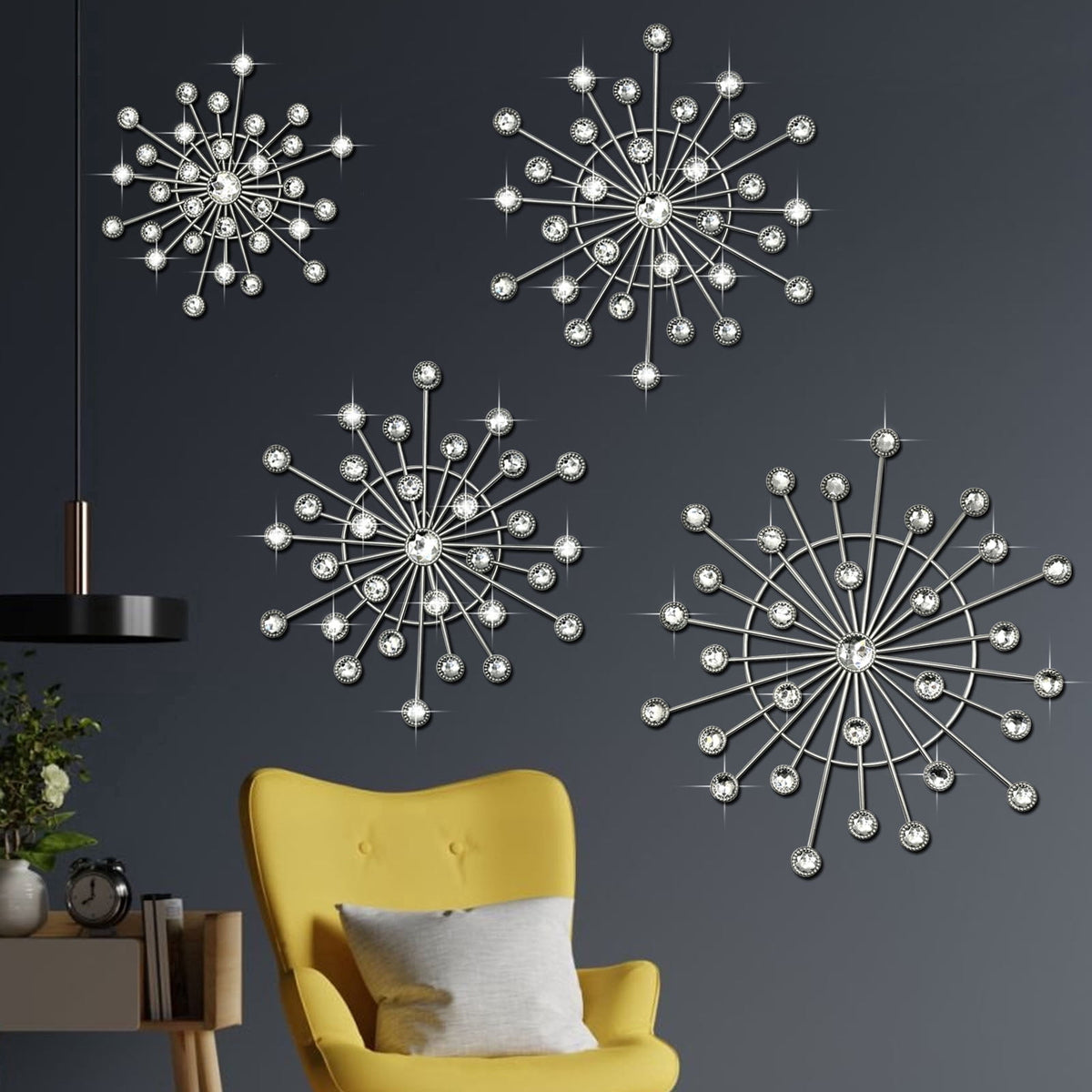 Rustic Metal Decor 4 Pcs Silver Sunburst Wall Decor Set, Bling Crystal Starburst Metal