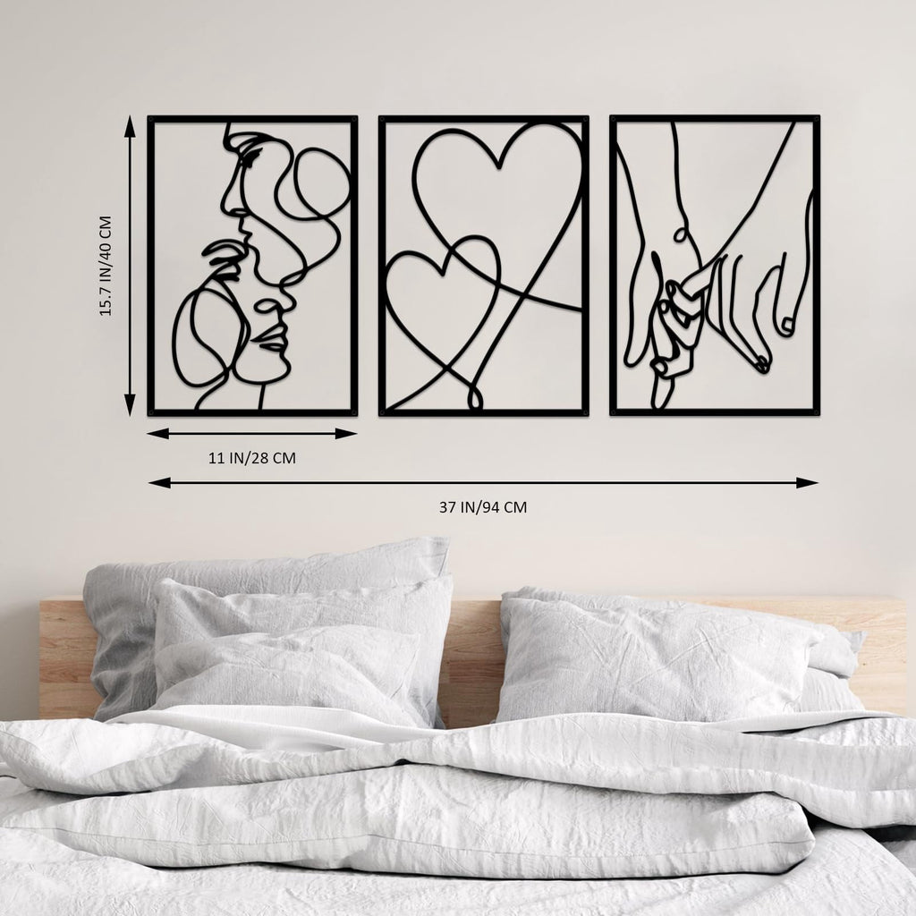 Rustic Metal Decor 3 Pcs Black Metal Minimalist Line Wall Art, Valentine's Day Lover