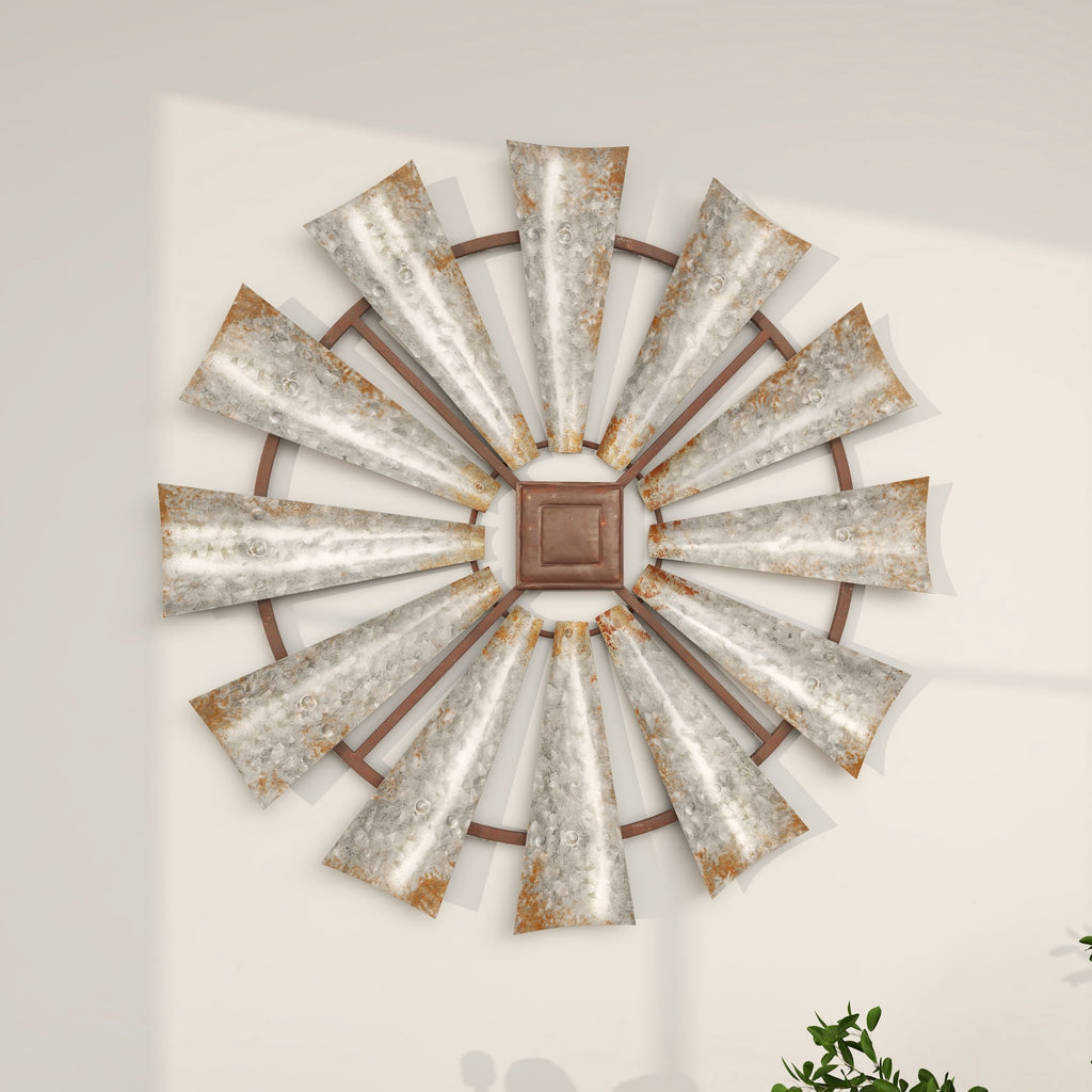 Rustic Metal Decor Silver Metal Distressed Galvanized Windmill Wall Decor with Rust Frame