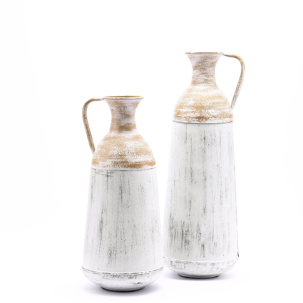 Rustic Metal Decor Set of 2 Distressed Off White and Rustic Brown Metal Pitcher Vase