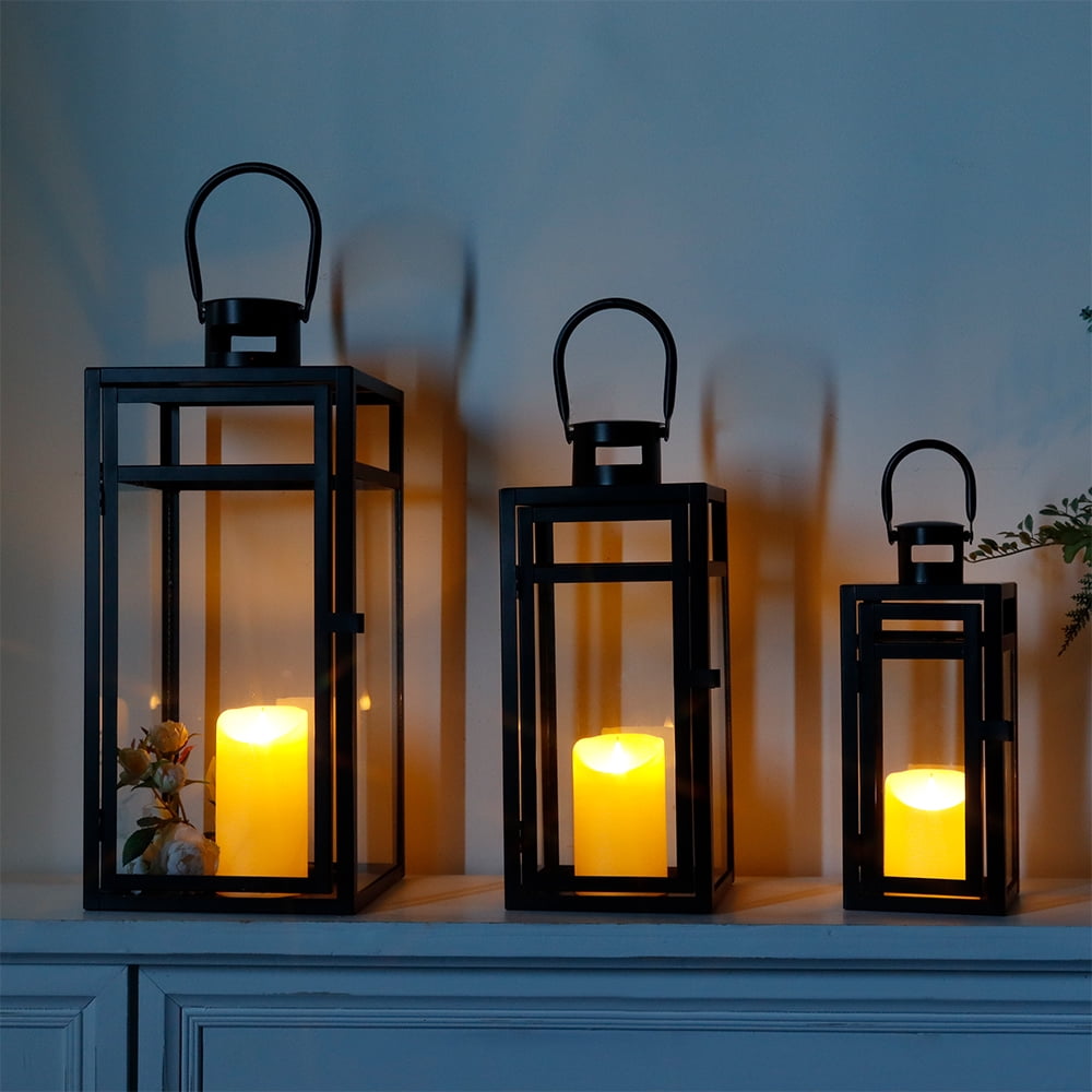 Rustic Metal Decor Set of 3 12/15/19 inch Metal Lanterns with Tempered Glass (Black )