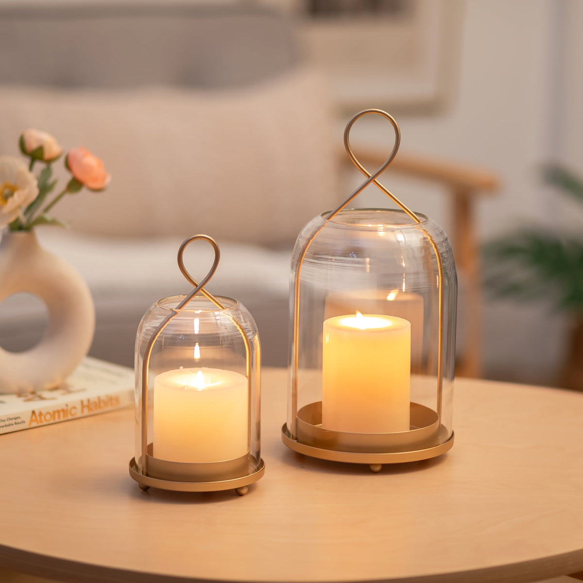 Rustic Metal Decor Set of 2 Gold Metal Glass Hurricane Lantern: Farmhouse Style Candle