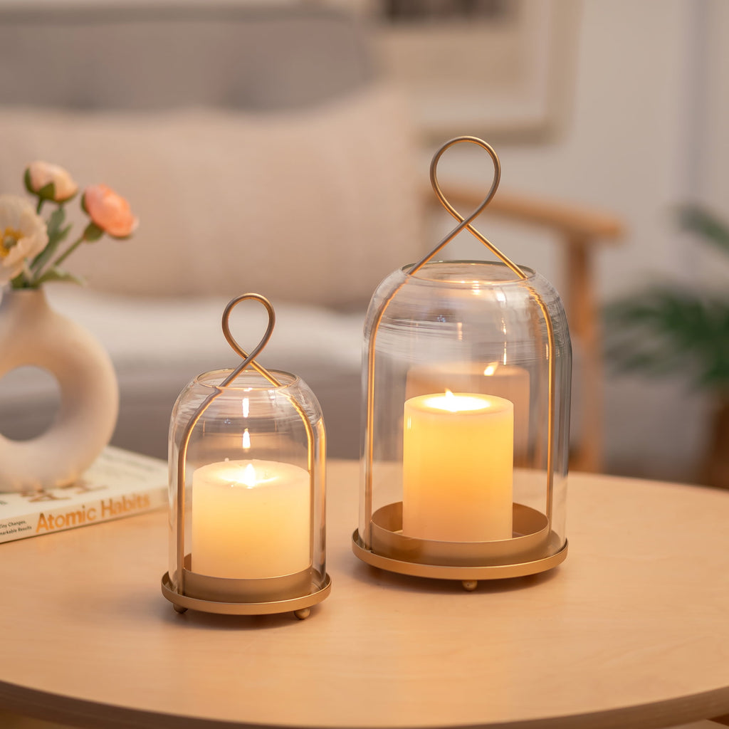 Rustic Metal Decor Set of 2 Gold Metal Glass Hurricane Lantern: Farmhouse Style Candle